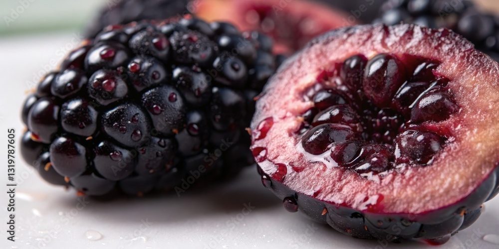 Fresh blackberries cut open to showcase juicy, ripe fruit on a white plate in natural light