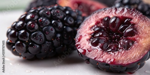 Obraz na płótnie Fresh blackberries cut open to showcase juicy, ripe fruit on a white plate in natural light w salonie