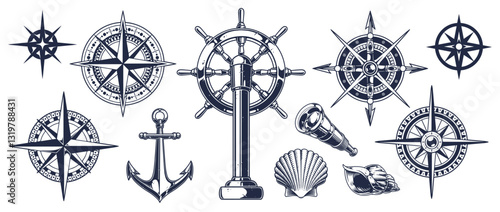 Nautical symbols and artifacts displayed together