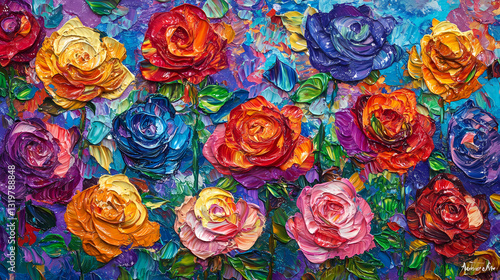 A vibrant tapestry of iridescent roses, each petal a brushstroke of color, creating a harmonious blend of hues that evoke a sense of joy and wonder. Opalescent Hues. Illustration