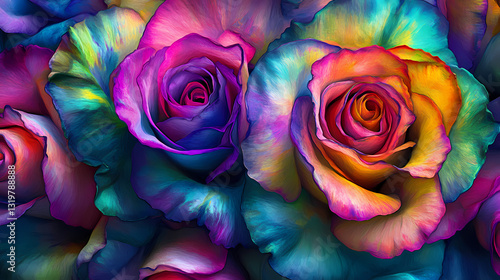 A vibrant tapestry of iridescent roses, each petal a brushstroke of color, creating a harmonious blend of hues that evoke a sense of joy and wonder. Opalescent Hues. Illustration