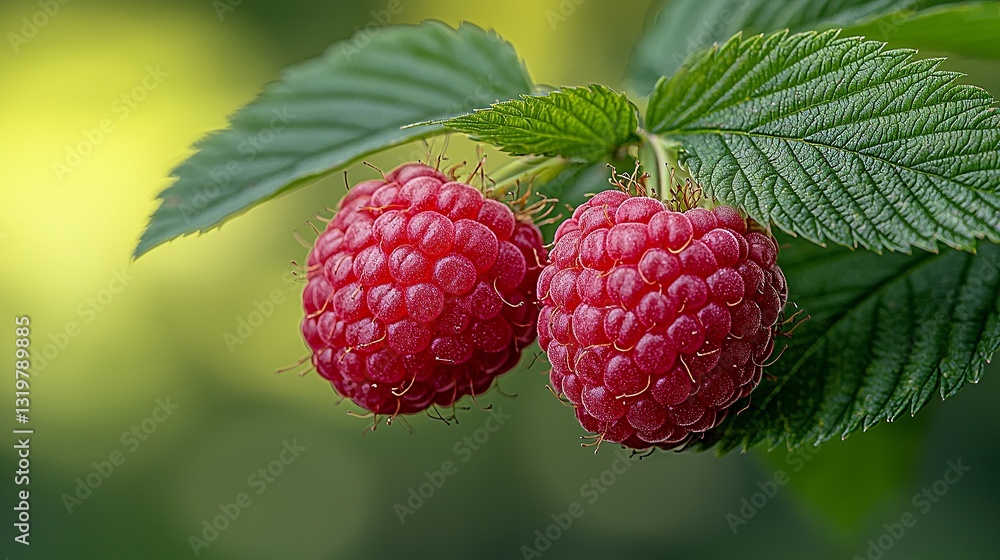 Two ripe raspberries on a branch with green leaves Two ripe raspberries on a branch with green leaves