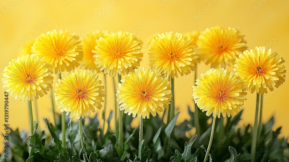 A bunch of yellow dandelions in a vase on a yellow background A bunch of yellow dandelions in a vase on a yellow background