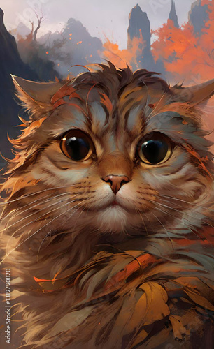 A cute cat is watching, eyes and muzzle. Soft shorstka. A selfie from a cat in a fantasy world. AI ART.Expressive Close-Up of a Fluffy Tabby Cat The image is a digital painting or illustration that
