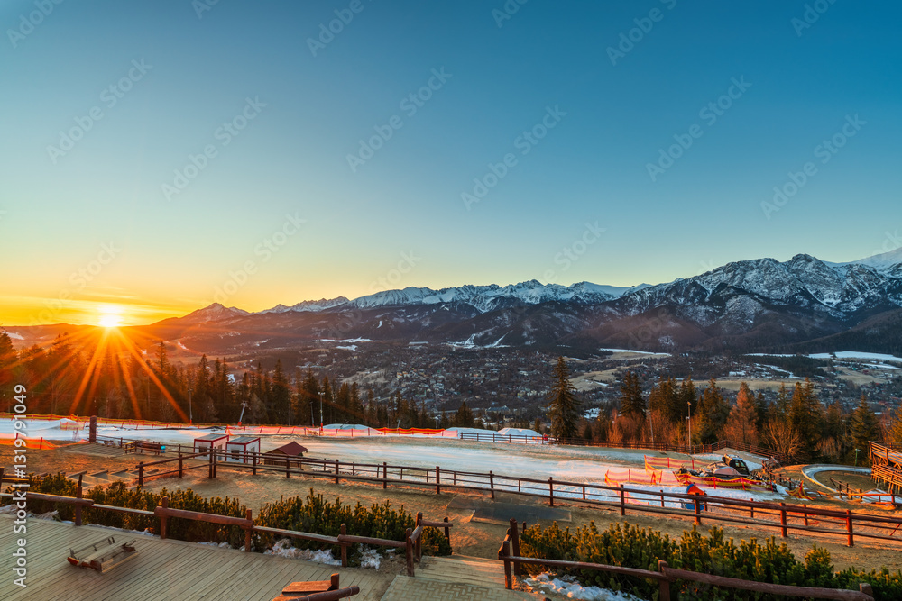 Tatra mountain at sunrise seen from top of Gubalowka near Zakopane. Poland