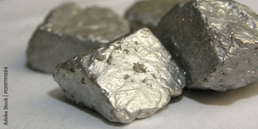 Metallic mineral chunks displayed on a surface under soft lighting in a laboratory setting