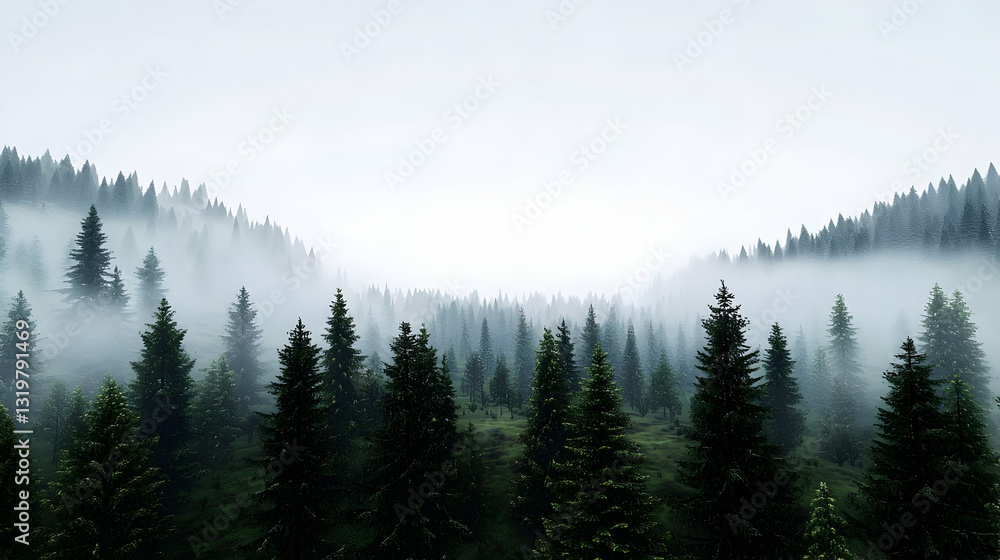 Obraz premium Misty Coniferous Forest In The Mountains Digital Pixel Art Rendition of a Foggy Landscape with Atmospheric Lighting