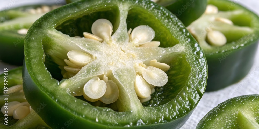 Freshly sliced green bell peppers showcase vibrant color and texture in a kitchen setting