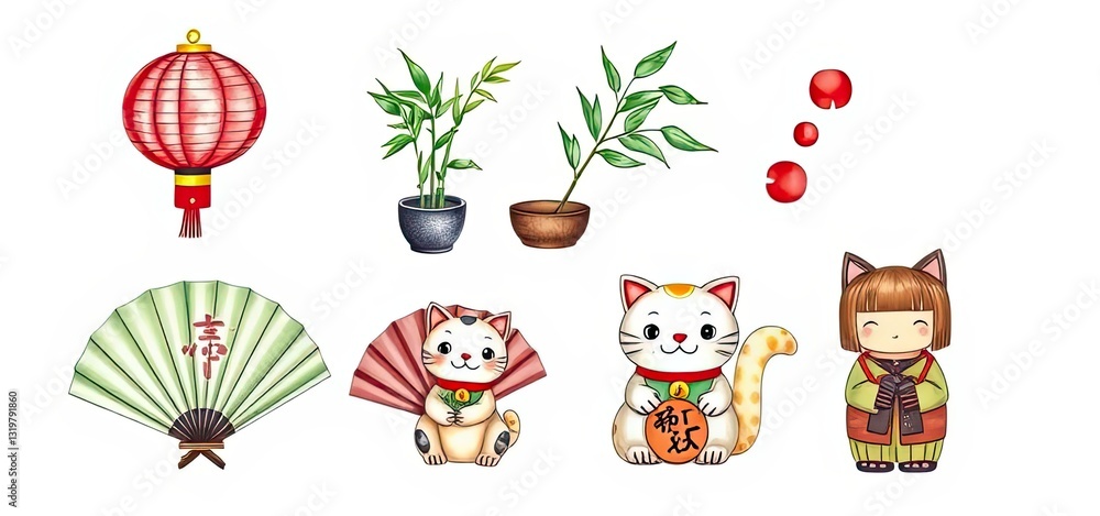 Fototapeta premium Cute Asian New Year Cats Lantern Fan Plants