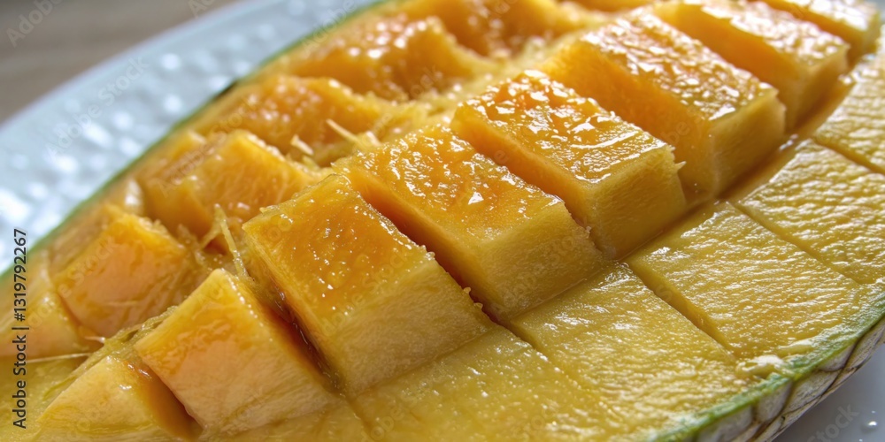 Freshly cut sweet mango served on a decorative plate ready to enjoy for dessert at a tropical gathering