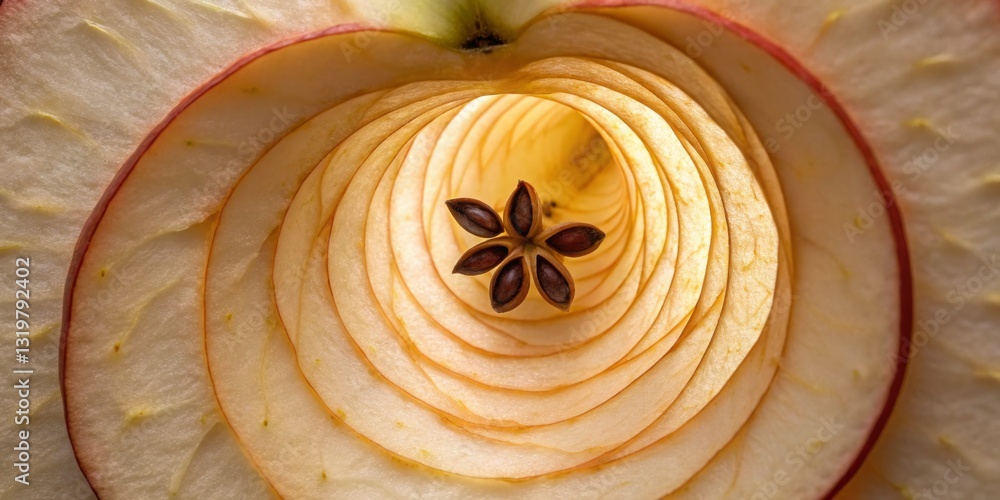 Sliced apple revealing intricate layers and seeds in close-up view capturing fresh fruit details