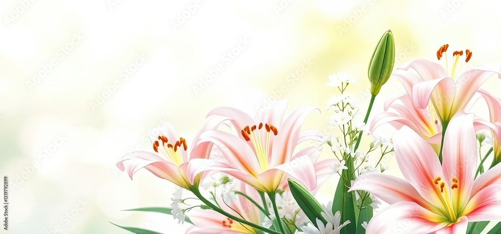 Fototapeta premium Beautiful Pink Lilies and White Flowers Bouquet Spring Bloom