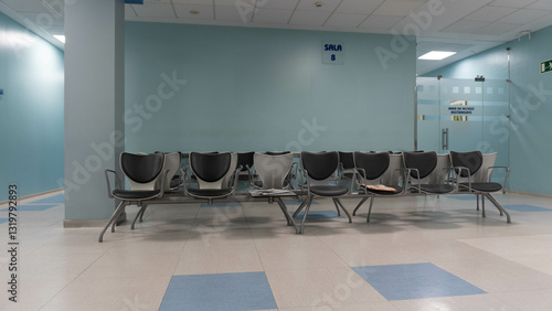 Waiting room with no one in a health center with corridors deserted of people
