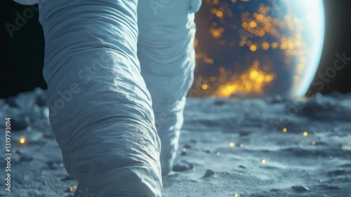 Astronaut takes significant steps on the moons surface, leaving footprints in the lunar dust while Earth looms majestically in the background, showcasing the wonders of space.
