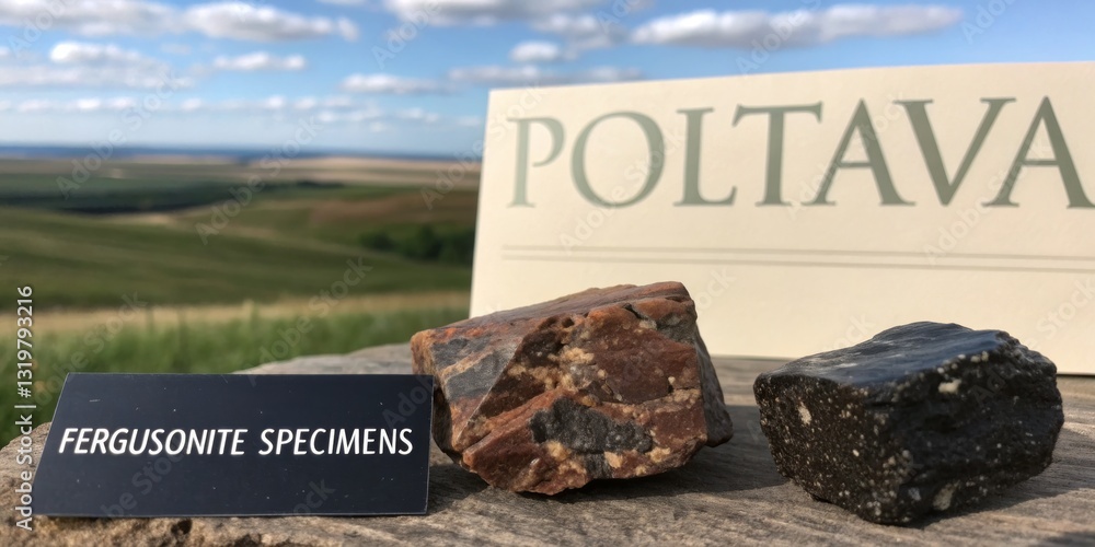 Fergusonite specimens displayed with the Poltava landscape in the background on a clear day