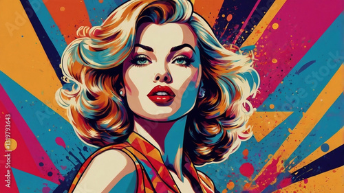 1950s Pin-Up Style woman with flowing hair, bold makeup, and a lively pop-art background