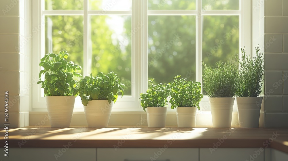 Kitchen greenery A delightful image of kitchen greenery, showcasing potted herbs and small vegetable plants on kitchen countertops and windowsills, adding touch of nature freshness to kitchen space Kitchen greenery A delightful image of kitchen greenery, showcasing potted herbs and small vegetable plants on kitchen countertops and windowsills, adding touch of nature freshness to kitchen space