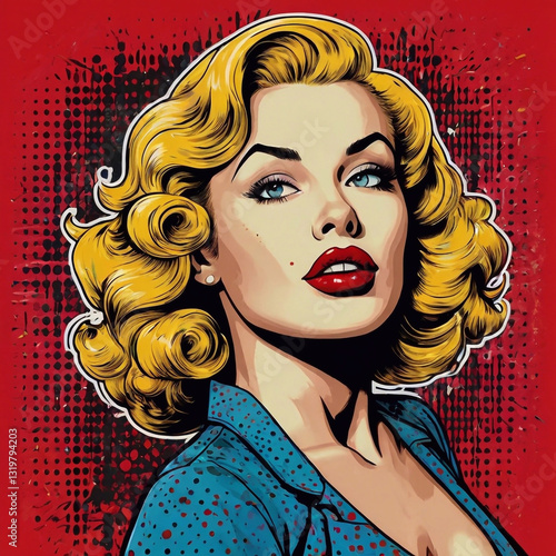 1950s Pin-Up Style blonde woman with vintage curls, bright pop art colors, and bold red lipstick