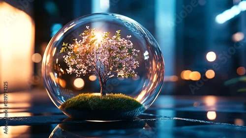 Wallpaper Mural A tree in full bloom encased in a clear glass sphere, surrounded by soft glowing light, representing the harmony of protection, growth, and sustainability in the startup ecosystem. Torontodigital.ca