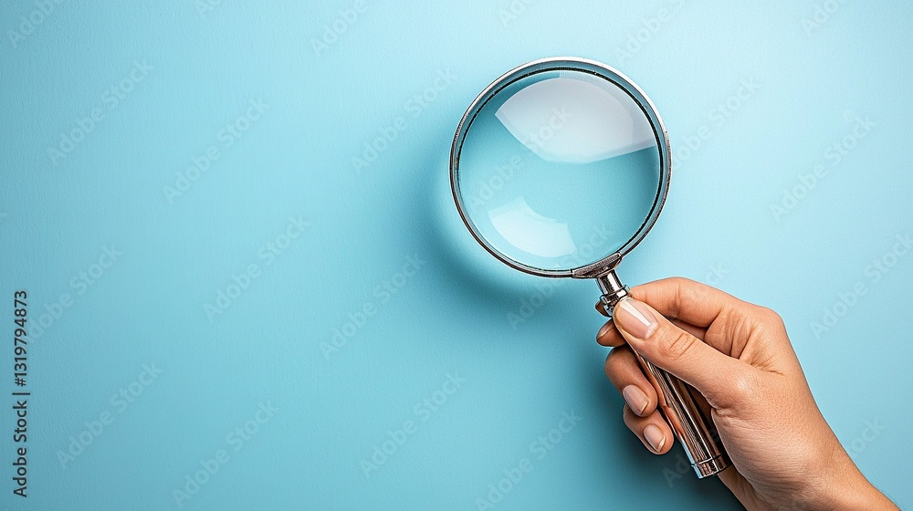 A hand holding a magnifying glass over a blue background A hand holding a magnifying glass over a blue background
