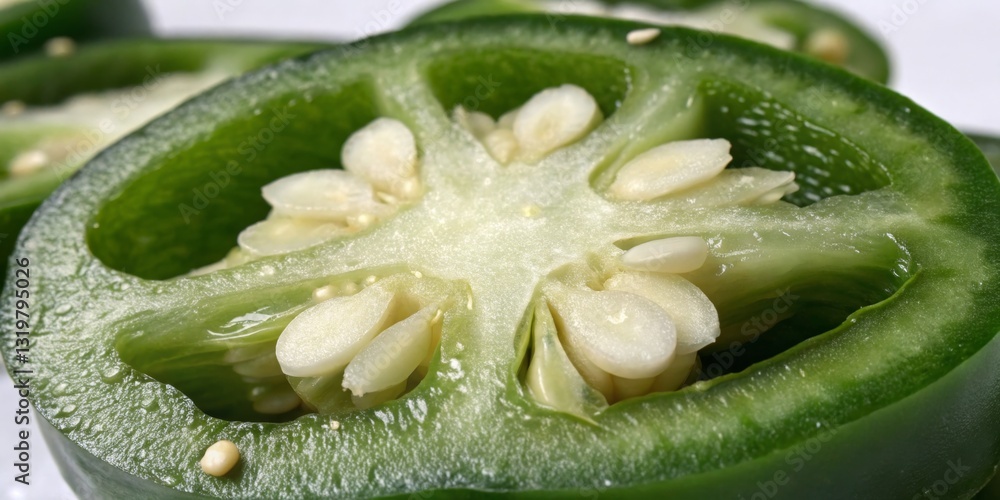 Freshly sliced jalapeno pepper showcasing its vibrant green color and unique internal structure in a kitchen setting