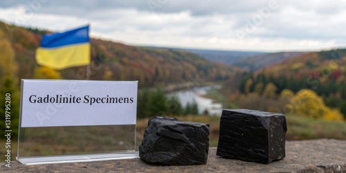 Gadolinite specimens displayed with Ukrainian flag by a scenic river valley during autumn