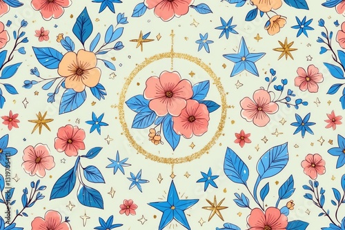 Floral pattern design featuring vibrant flowers and stars on a light pastel background for decorative inspiration