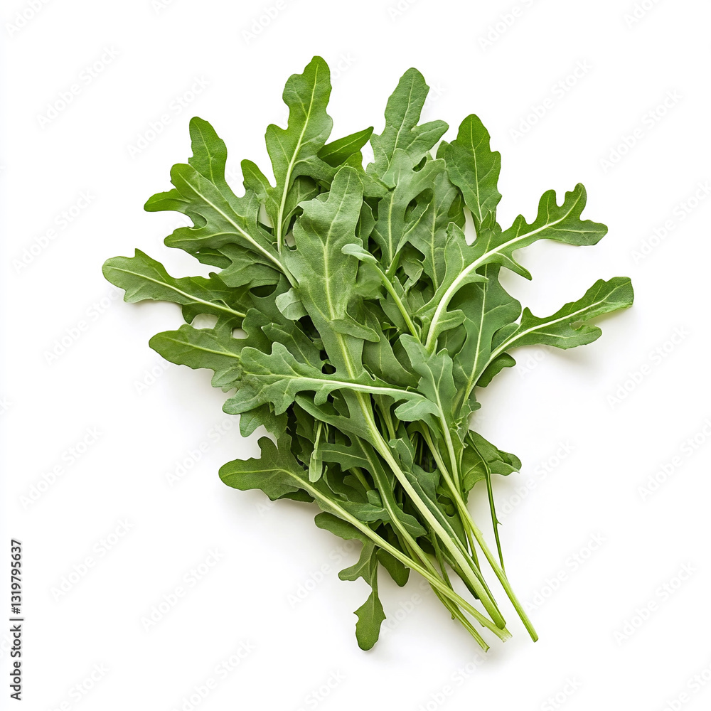 Bunch of fresh green arugula leaves isolated on a white background. Bunch of fresh green arugula leaves isolated on a white background.