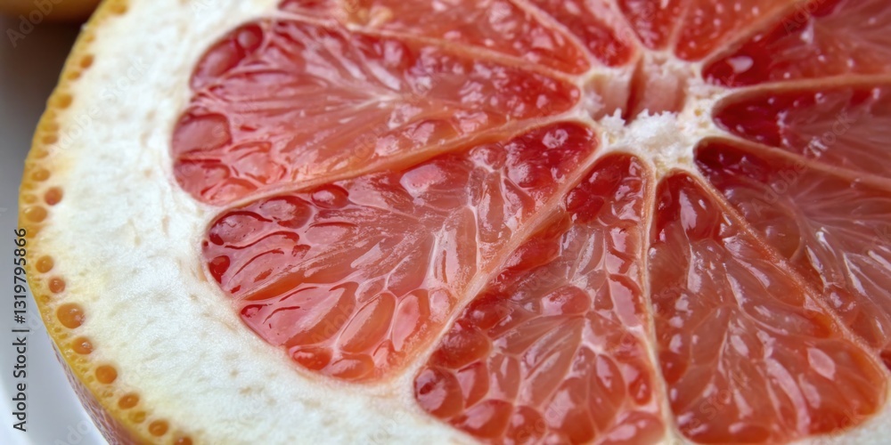 Freshly sliced grapefruit displaying juicy segments and vibrant colors in a bright kitchen setting