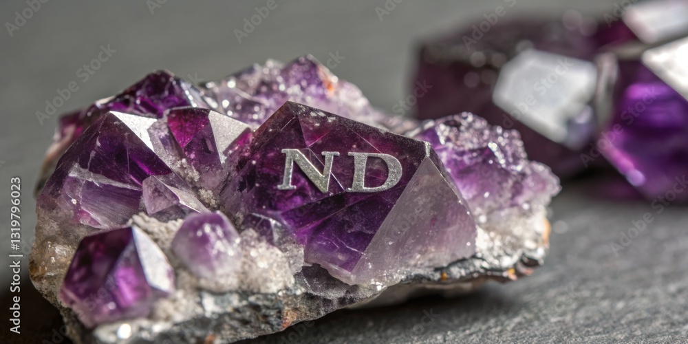 Amethyst crystals showcasing unique purple hues with engraved ND detail placed on a dark surface