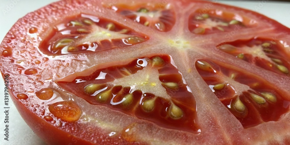 Sliced ripe tomato revealing juicy interior with seeds on a clean surface during bright daylight