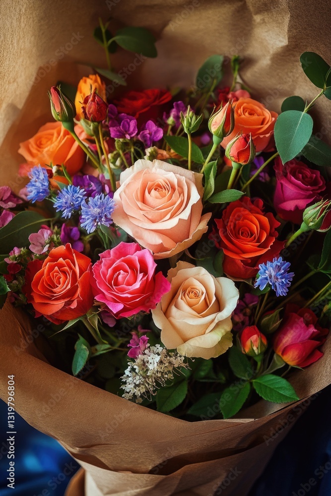 Vibrant assortment of roses in a brown paper bag. Vibrant assortment of roses in a brown paper bag.