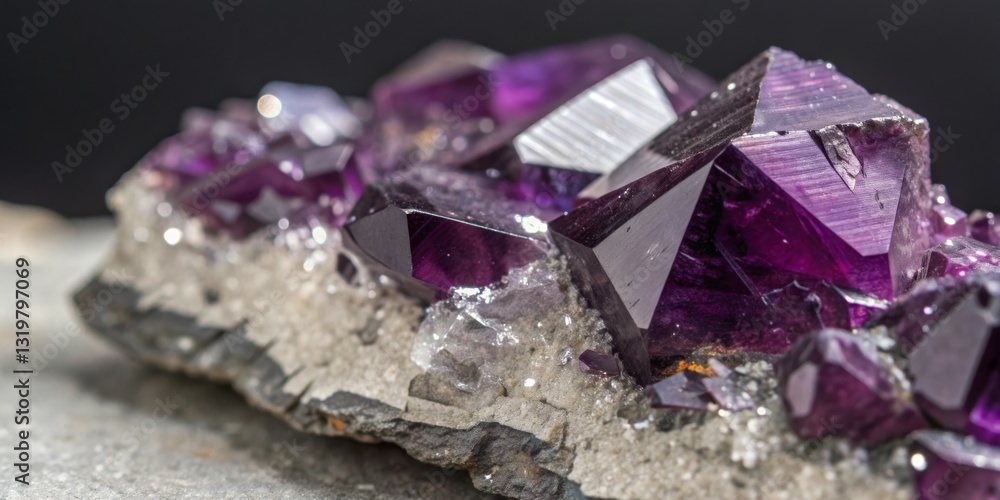 Beautiful amethyst crystals sparkling under natural light on a rocky surface in a close-up view