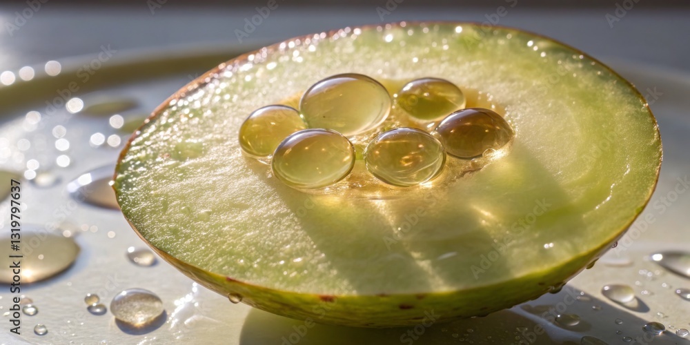 Sliced green apple with translucent droplets reflecting light in a bright kitchen setting during the afternoon