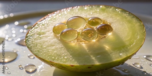 Obraz na płótnie Sliced green apple with translucent droplets reflecting light in a bright kitchen setting during the afternoon w salonie