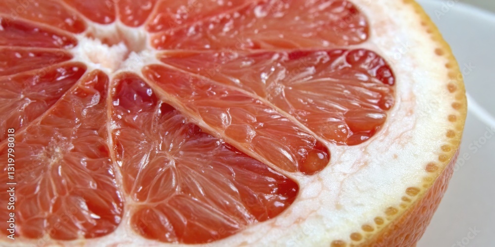 Juicy grapefruit exposed, showcasing vibrant interior in a bright kitchen setting during midday
