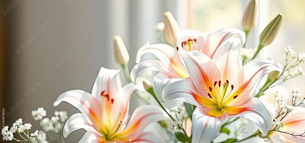 Naklejka premium Elegant White Lilies Bouquet Spring Flowers Soft Light Floral Background