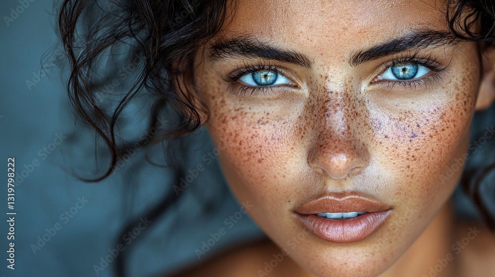Fototapeta premium A woman with freckles on her face and blue eyes