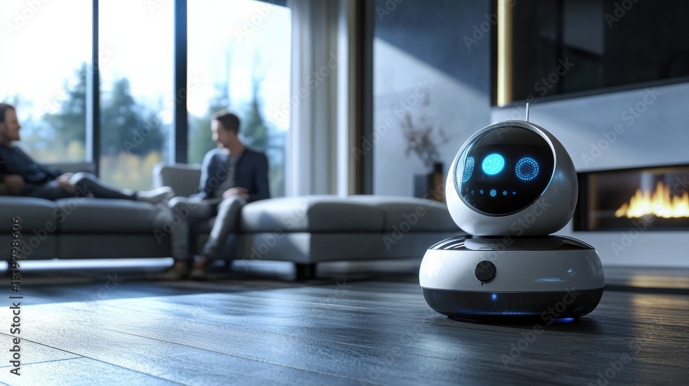Robot assistant engaging with family members in modern living room during daytime conversation