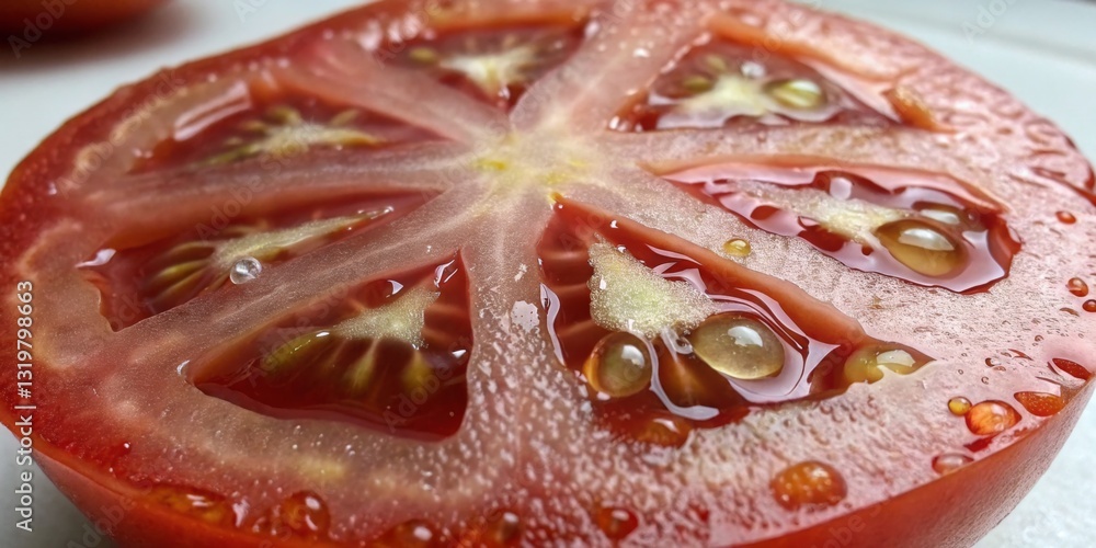 Freshly sliced juicy tomato drips with moisture, showcasing vibrant red color and interior texture, perfect for salads or sandwiches