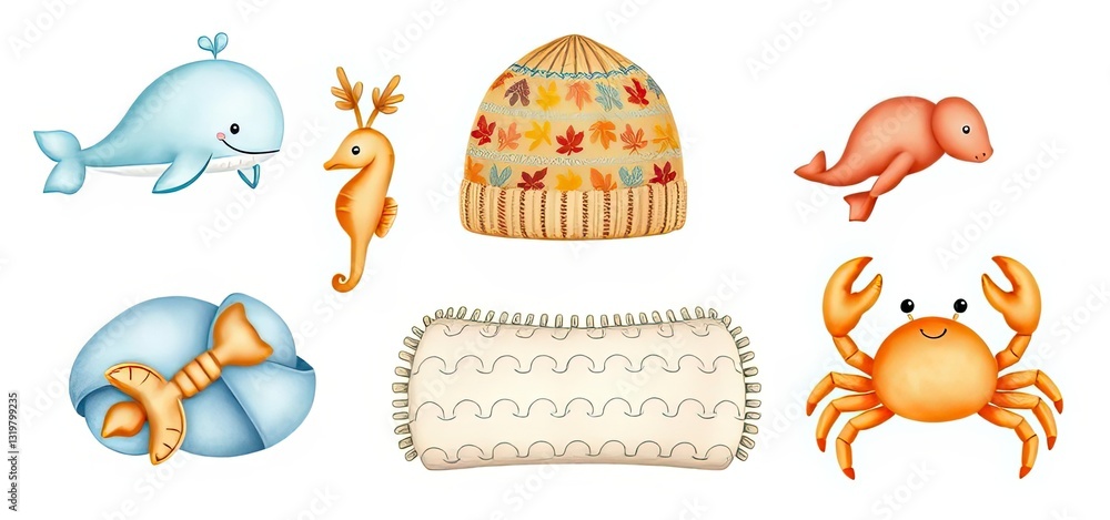 Naklejka premium Cute Ocean Animals Autumn Hat Clipart Set Whale Seahorse Seal Crab