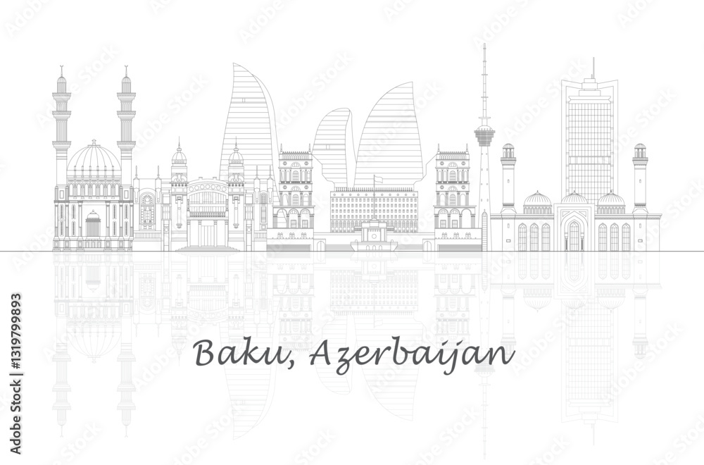 Outline Skyline panorama of town of Baku, Azerbaijan - vector illustration Outline Skyline panorama of town of Baku, Azerbaijan - vector illustration