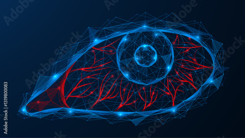 Redness of the eyes, blood capillaries in the eyeball. Polygonal design of interconnected lines and dots. Blue background.