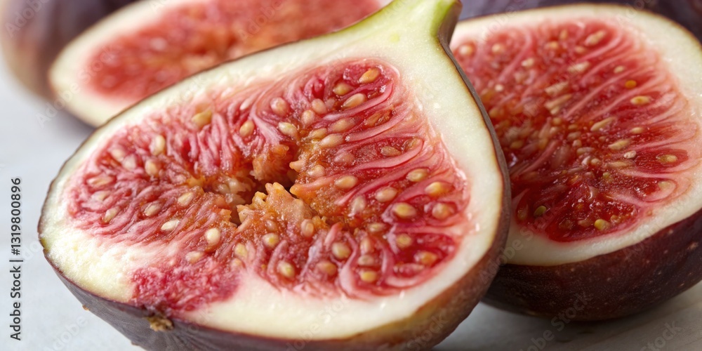 Freshly cut figs showcasing vibrant red flesh nestled among seeds revealing natural sweetness and texture