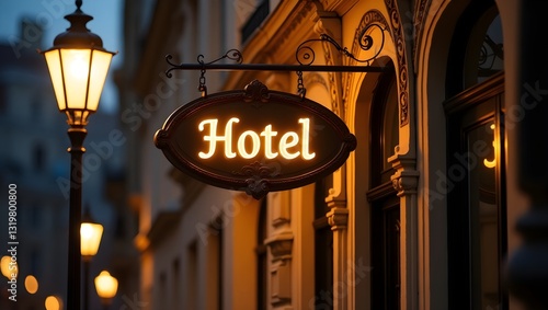 Photograph of a hotel sign at night, with warm yellow lighting and a vintage lantern-style design. The sign reads 