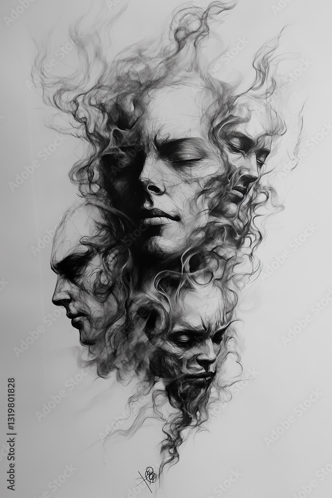 Fototapeta premium sketch of tattoo A blackwork horror sleeve tattoo with realistic ghostly faces emerging from smoke, deep shadows, and occult symbols