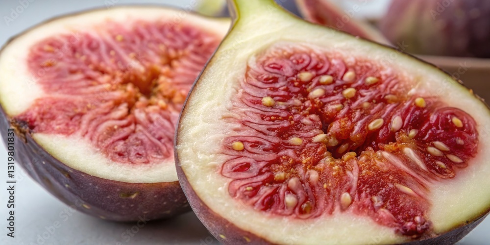 Freshly sliced fig showcasing vibrant interior colors and textures at a kitchen countertop
