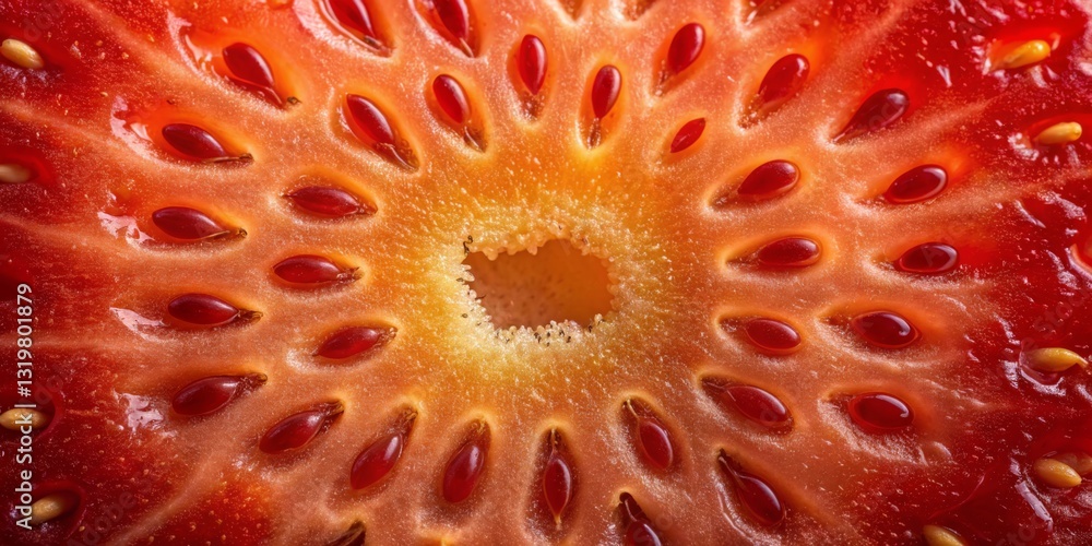 Close-up view of a strawberry revealing its vibrant red color and unique seed pattern at midday