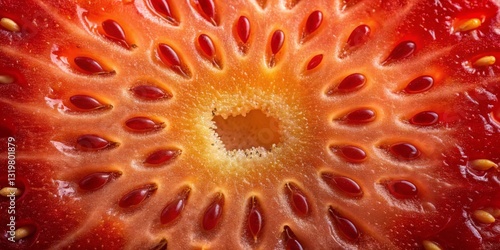 Obraz na płótnie Close-up view of a strawberry revealing its vibrant red color and unique seed pattern at midday w salonie