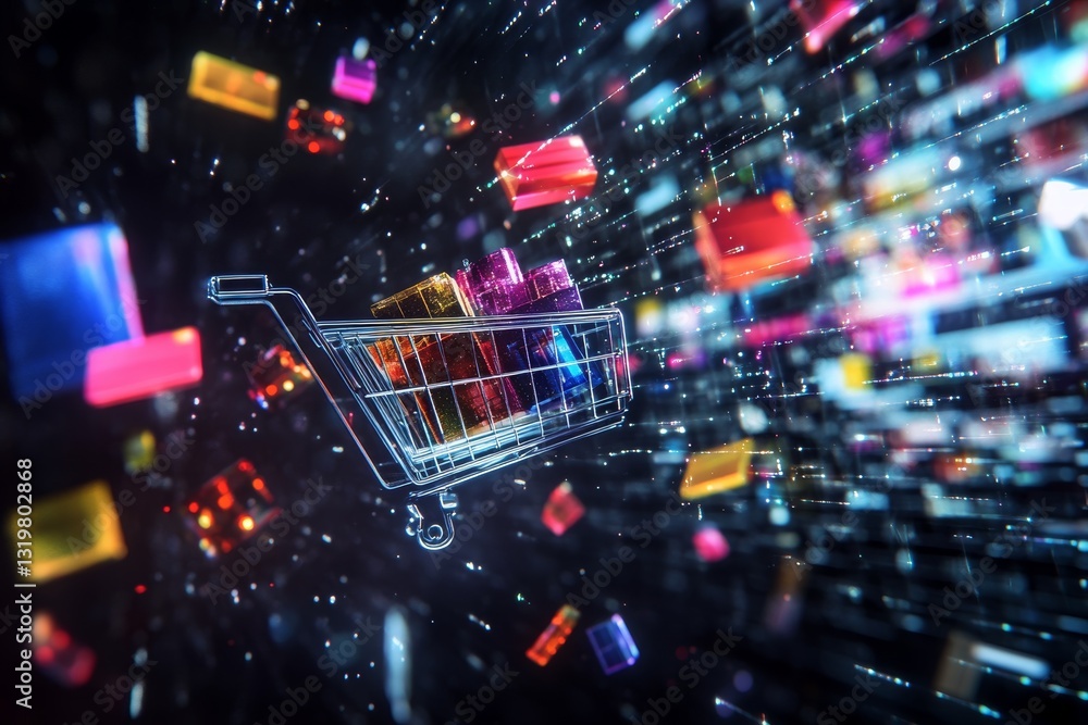 3d product icons flying from different directions into the basket on a dark background, motion blur 3d product icons flying from different directions into the basket on a dark background, motion blur